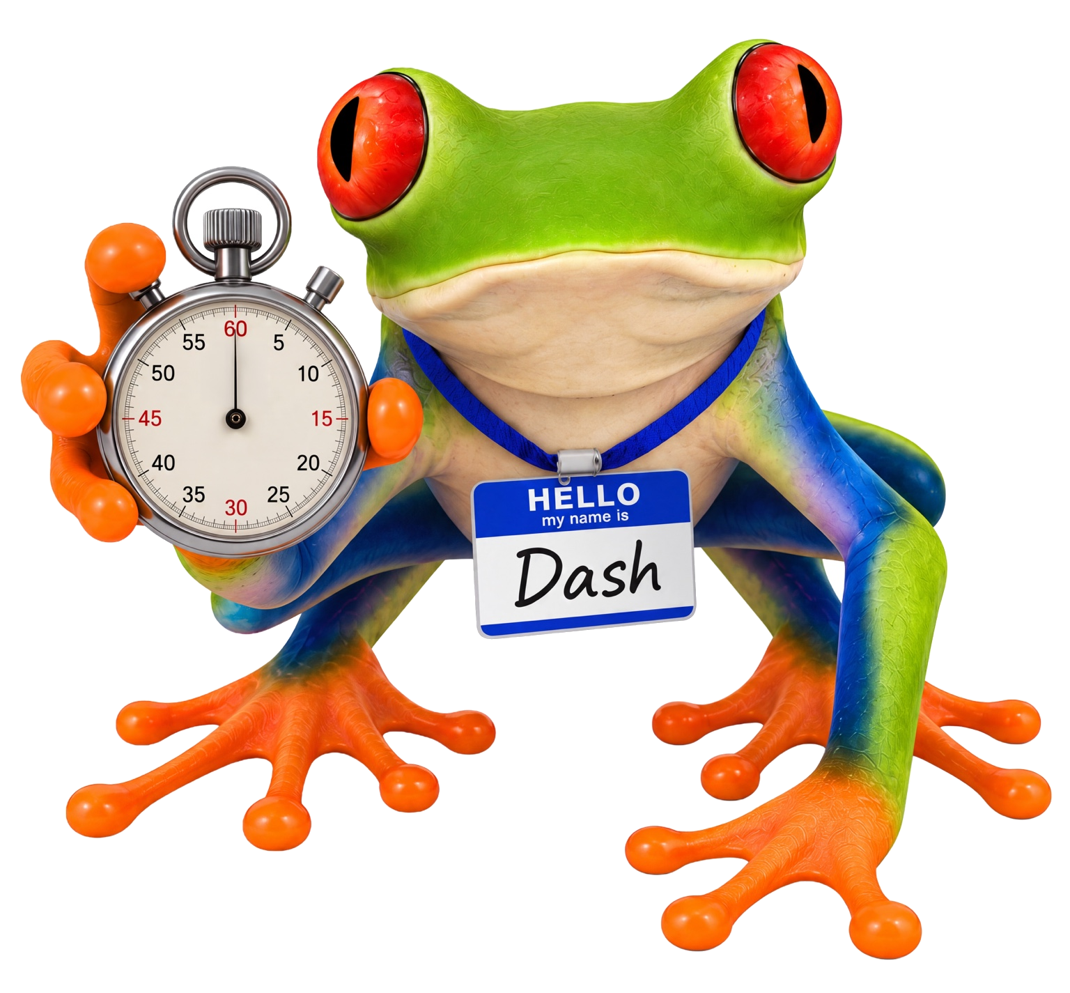 Dash the frog holding a stopwatch